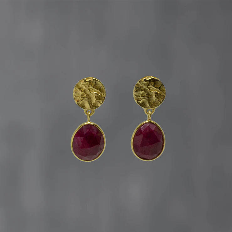 Beaded Drop Earrings-Gold Vermeil Ruby Textured Oval Earrings