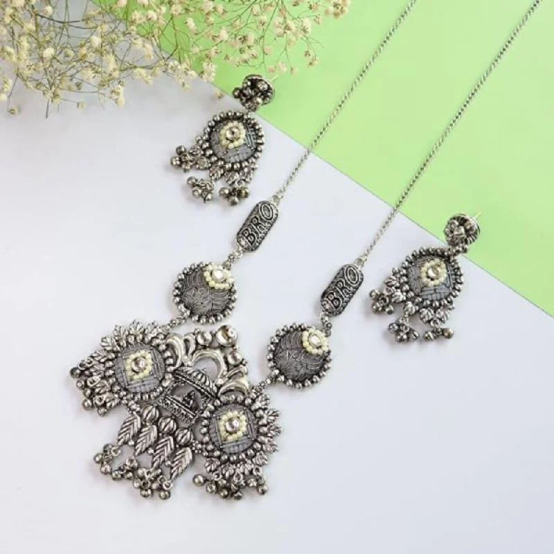 Vintage Pearl Necklace-Etnico Navratri Ethnic German Silver Oxidised Jewellery Antique Long Necklace Set with Earrings for Women & Girls(MC096OX)