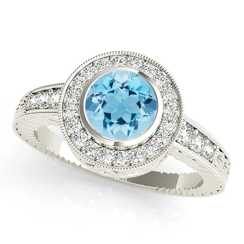 Custom Ring for Anniversary-1.10 ct. Genuine Aquamarine Ring With Milgrain Halo And Filigree Design Diamond band