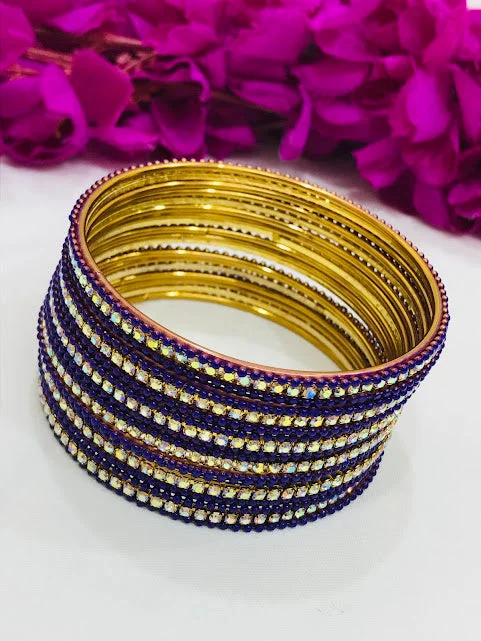 Gold Bangles with Emeralds-Good Looking Blue Color Metal Bangles With White Stone For Women