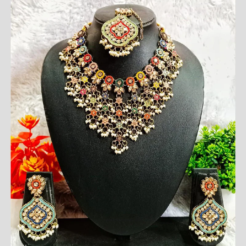 Trendy Gold Pendant Necklace-Rudraksh Art Gold Plated Crystal Stone And Pearls Necklace Set