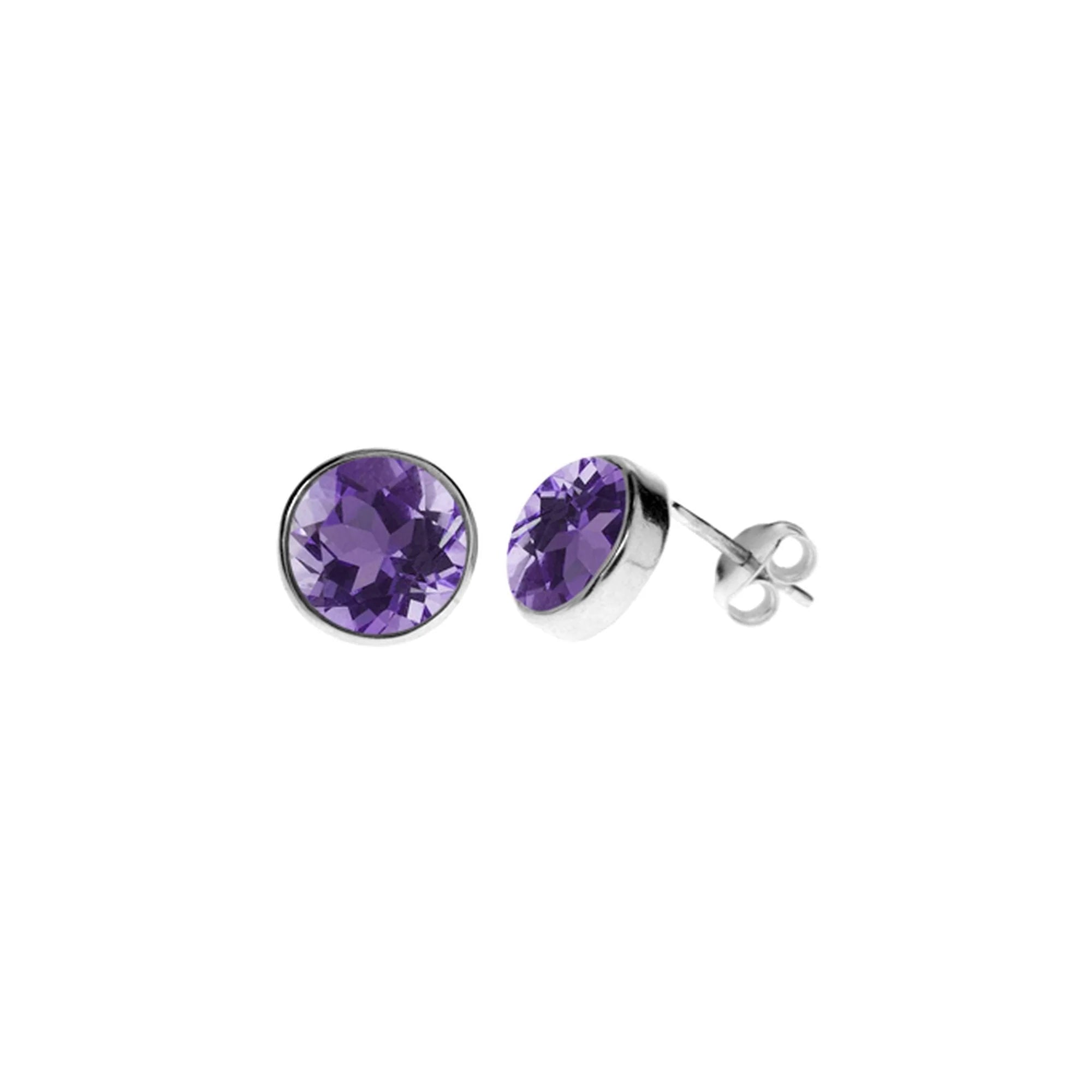 Abstract Art Earrings-Sterling Silver Round Faceted Amethyst Stud Earrings