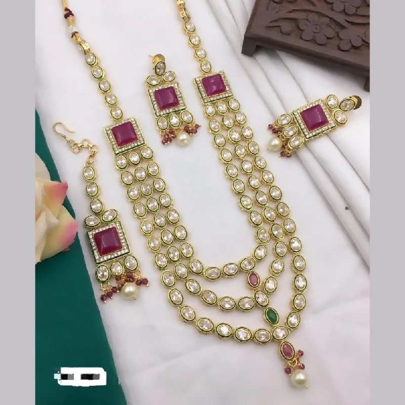 Chunky Chain Necklace-FS Collection Gold Plated Kundan Stone Meenakari Multi Layer Necklace Set