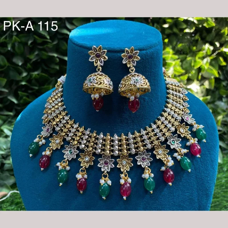 Unique Designer Necklace-Amoliya Jewels 2 Tone Plated Pota Stone And Pearls Choker Necklace Set