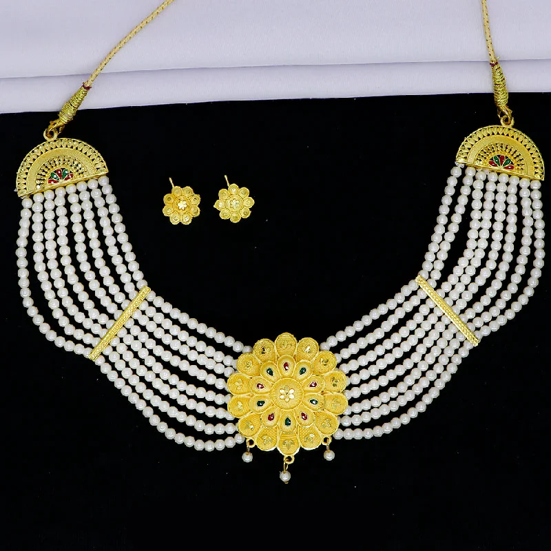 Round Gemstone Necklace-Mahavir Gold Plated Pearls Meenakari Necklace Set