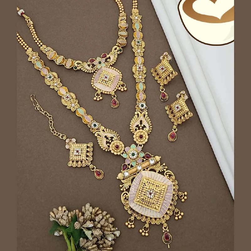 Fashionable Heart Pendant Necklace-FS Collection Gold Plated Pota Stone And Meenakari Double Necklace Set