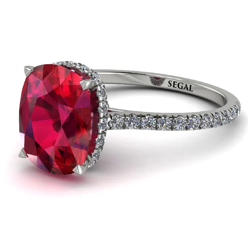 Custom Initial Ring-Hidden Halo Cushion Ruby Ring - Alayna No. 12