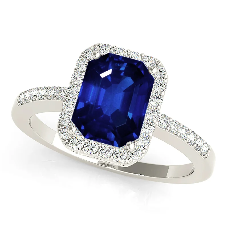 Classic Wedding Ring Set-2.30 ct. Genuine Blue, Emerald Cut Sapphire Ring with Halo Style