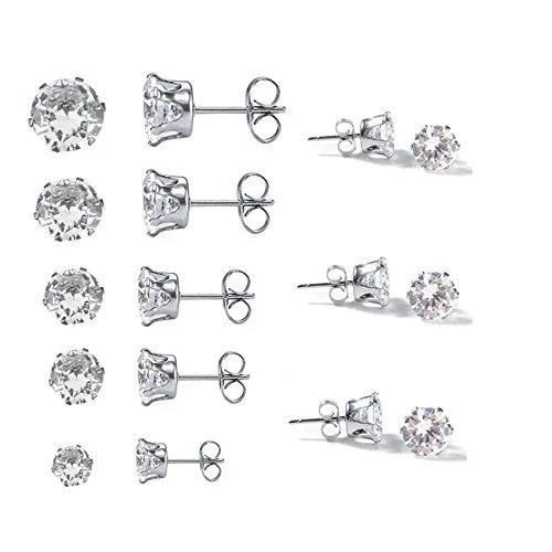 Edgy Silver Earrings-Sexy Sparkles 8 Pairs Women's Stainless Steel Round Clear Cubic Zirconia Stud Earring 4mm -11mm