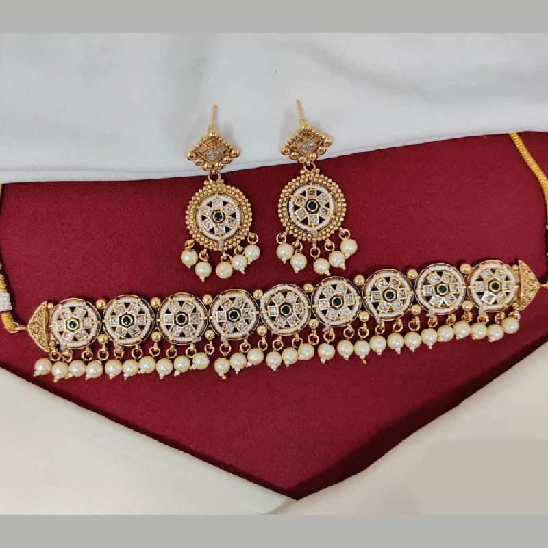 Luxury Sapphire Necklace-Manisha Jewellery Gold Plated Pota Stone And Pearls Choker Necklace Set