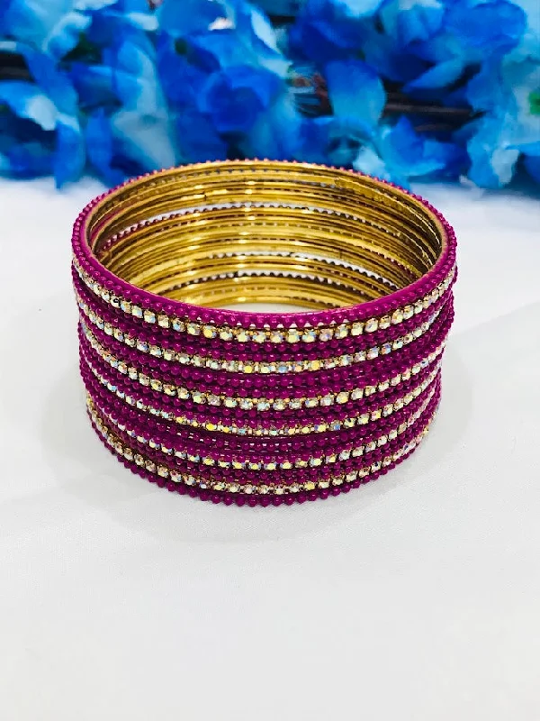 Simple Cuff Bangles-Dazzling Pink Color Stone Design Metal Bangles