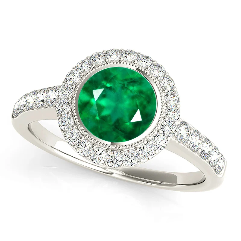 Gemstone Promise Ring-1.15 ct. Genuine Emerald Ring with Milgrain Halo And Simple Diamond Band