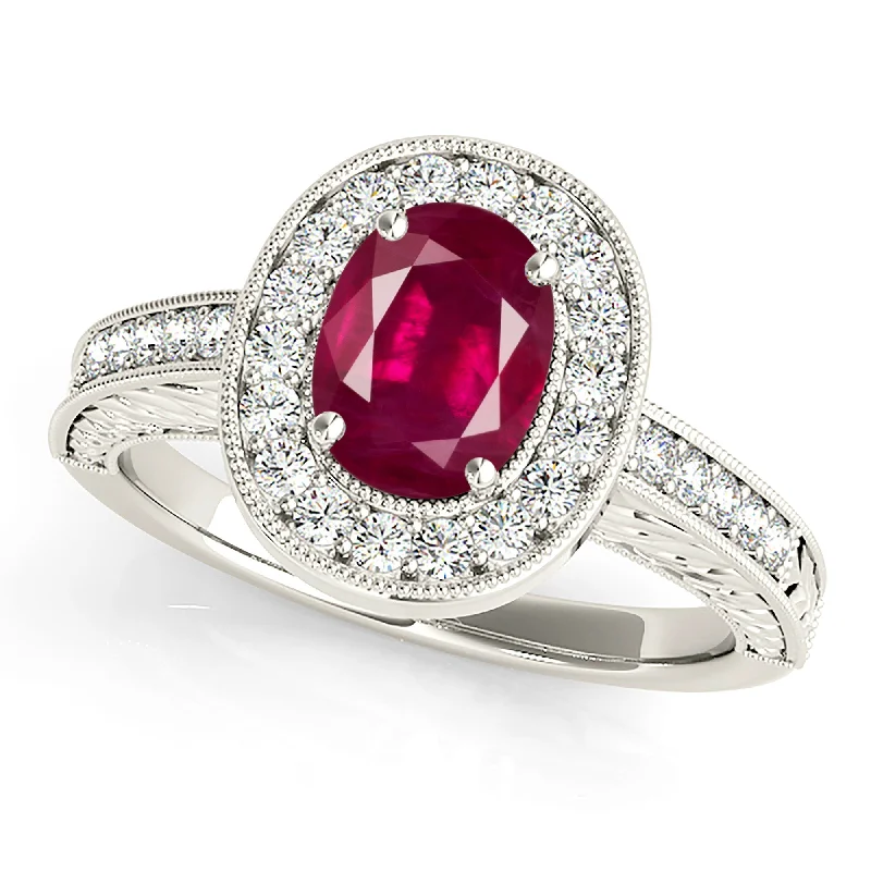 Fashionable Cocktail Ring-2.10 ct. Genuine Oval Ruby Ring with  Halo And Filigree Diamond Band