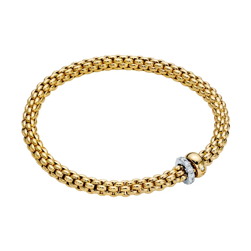 Custom Engraved Silver Bracelets-Solo 18ct Yellow Gold Bracelet With Pave Diamond Set And Polished Rondels