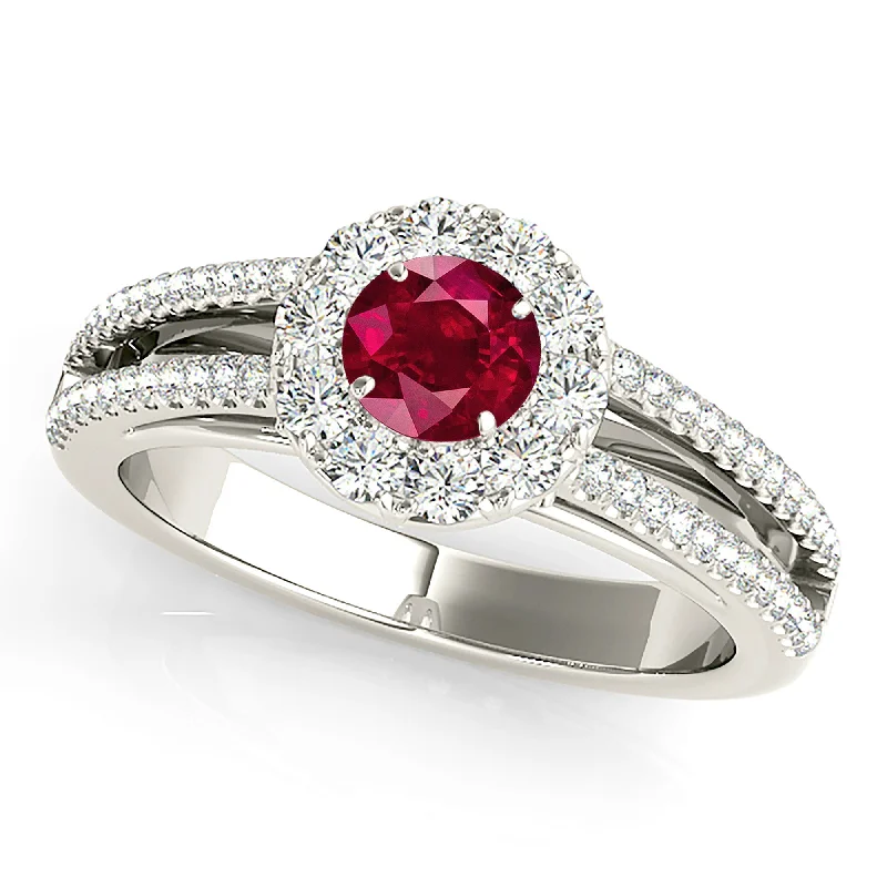 Unique Gold Wedding Ring-0.95 ct. Genuine Ruby Ring With Halo And Split Diamond Shank