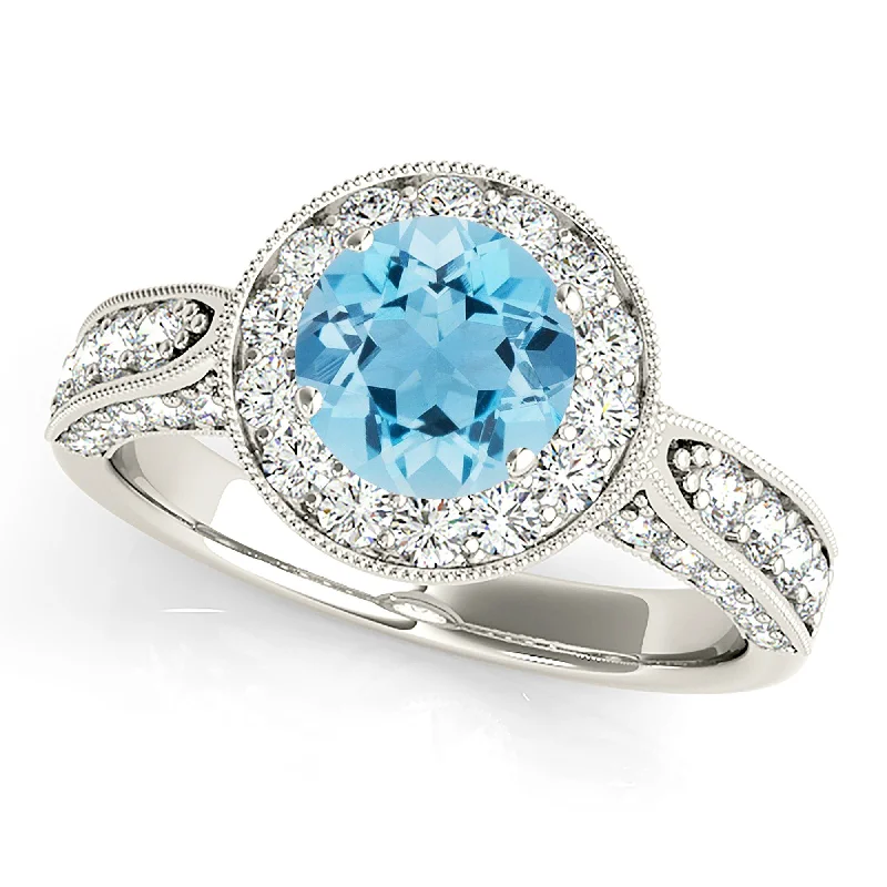 Modern Cocktail Ring-1.10 ct. Genuine Aquamarine Ring With Milgrain Halo And 3D Diamond Band