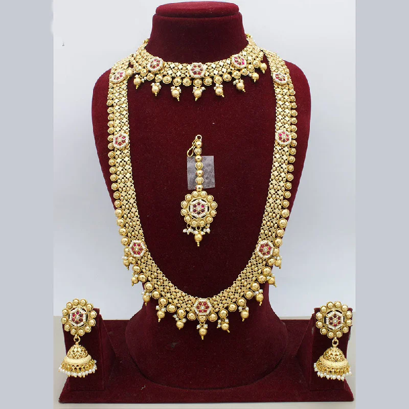 Chunky Gold Necklace-JCM Gold Plated Pota Stone And Pearls Double Necklace Set