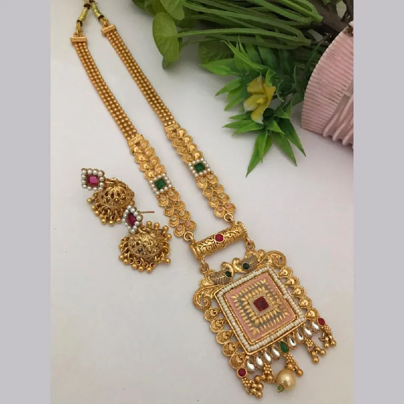 Diamond Necklace for Women-FS Collection Gold Plated Kundan Stone Long Necklace Set