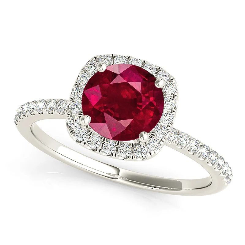 Classic Diamond Wedding Band-1.35 ct. Genuine Round Ruby Ring With Cushion Halo