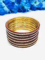 Personalized Gold Cuff Bangles-Dazzling Brown Color Metal Bangles With White Stone For Women