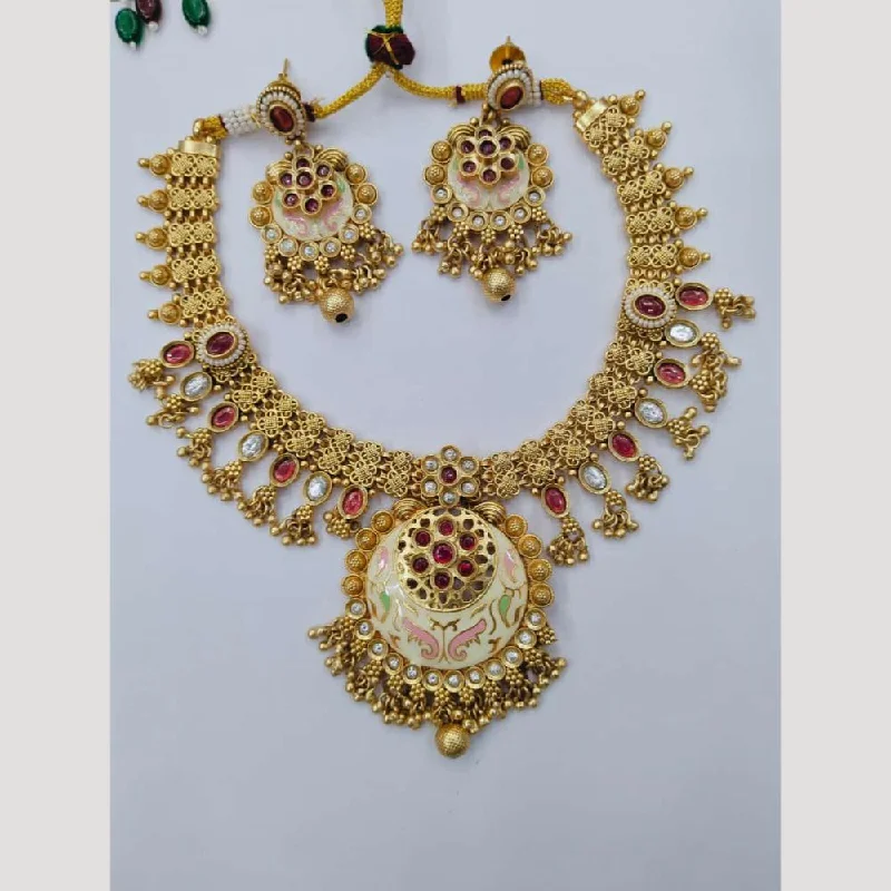 Pearl and Diamond Necklace-Manisha Jewellery Gold Plated Pota Stone And Beads Meenakari Necklace Set