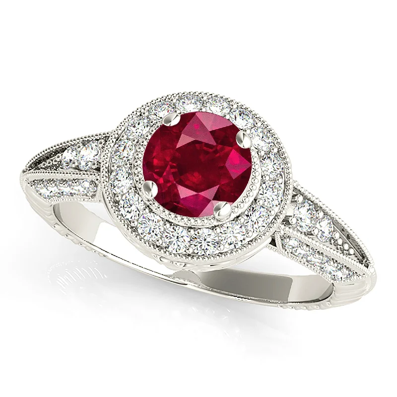 Luxury Gold Engagement Ring-2.35 ct. Genuine Ruby Ring With Milgrain Halo And Diamond band