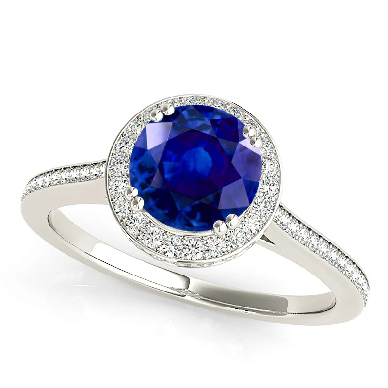 Elegant Cocktail Ring-2.40 ct. Genuine Blue Sapphire Halo Ring with Side Diamonds