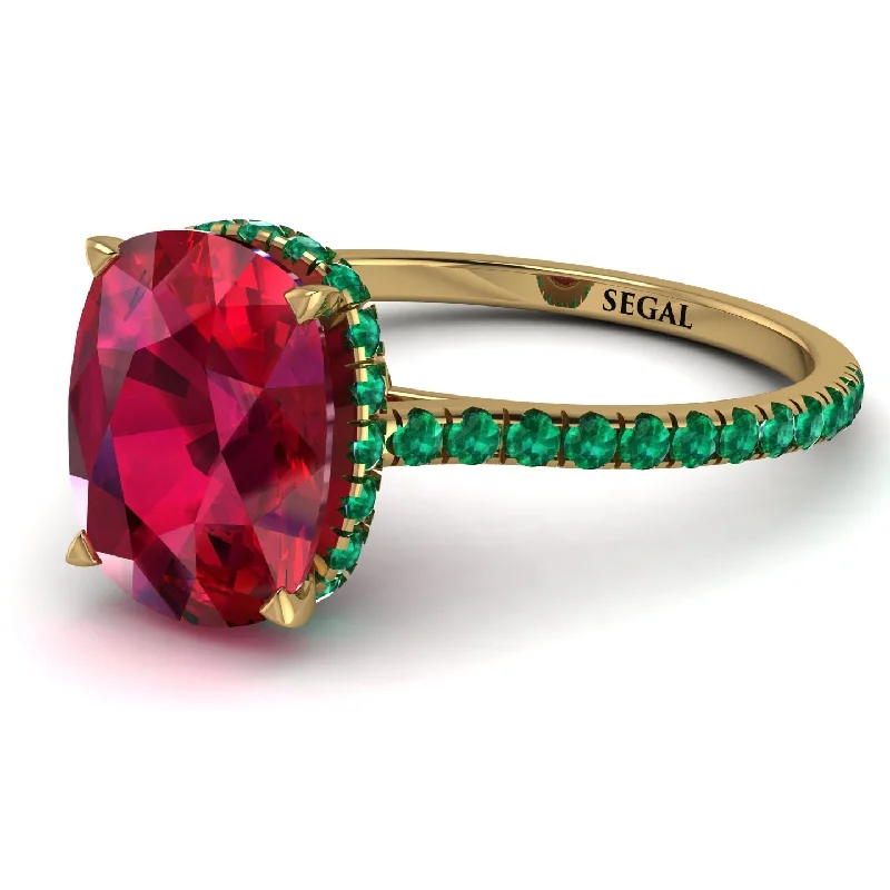 Gold Wedding Band Set-Hidden Halo Cushion Ruby Ring - Alayna No. 25