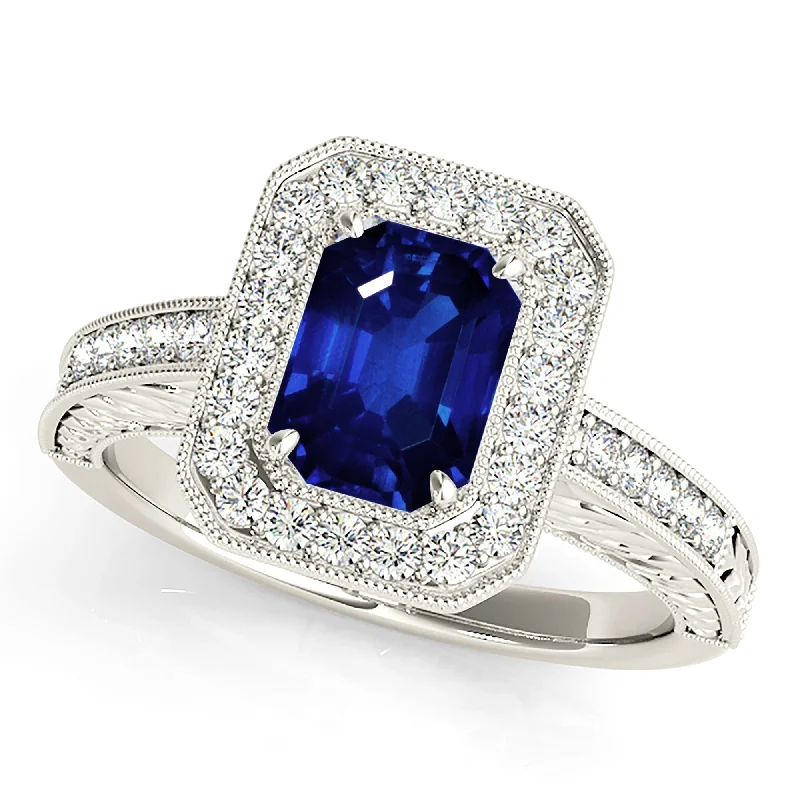 Custom Engraved Ring-1.15 ct. Genuine Blue Emerald Cut Sapphire Ring with Milgrain Halo Style