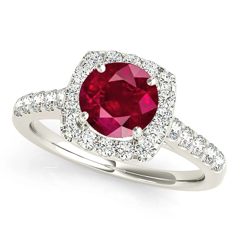 Classic Gold Band Ring-1.80 ct. Genuine Ruby Ring With Cushion Halo And Delicate Diamond Band