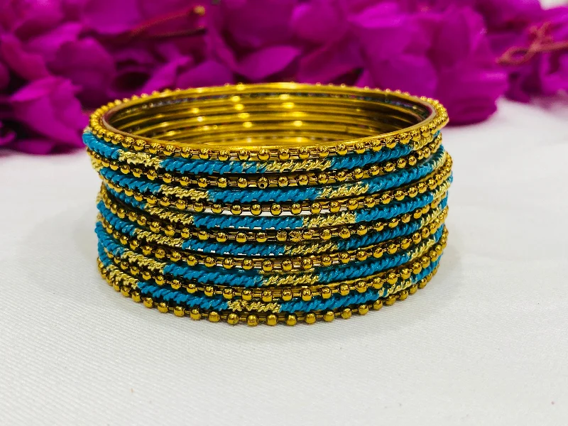 Personalized Name Bangles-Trendy Sky Blue Color Designer Antique Gold Bangle Sets