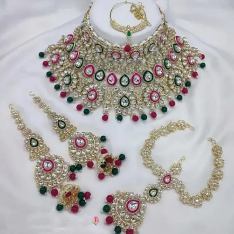 Crystal Pendant Necklace-Neetu Art Gold Plated Kundan Stone And Beads Semi Bridal Necklace Set