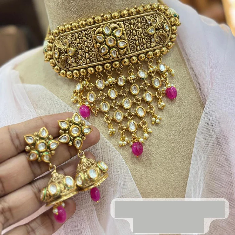 Bohemian Style Necklace-Jewel Addiction Gold Plated Kundan Stone And Pearls Choker Necklace Set