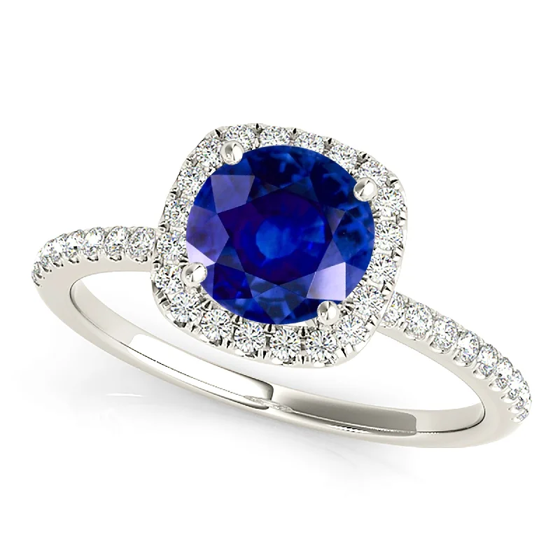 Multi-Stone Engagement Ring-1.35 ct. Genuine Blue Round Sapphire Ring Cushion with Halo Style