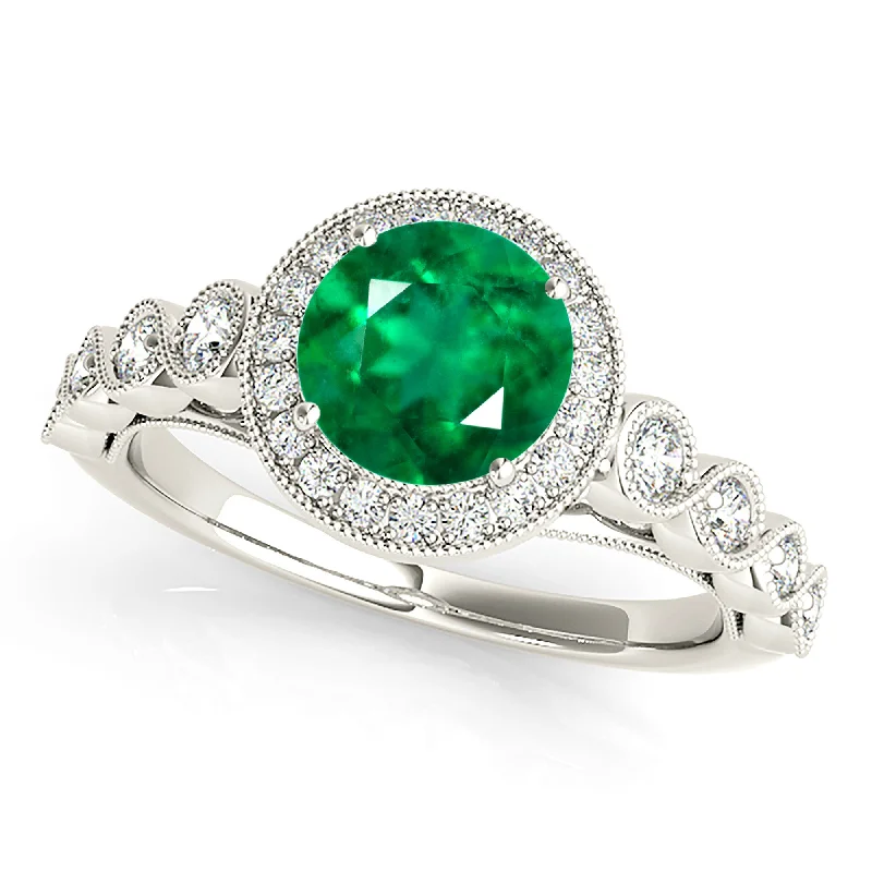 Modern Wedding Ring Set-1.15 ct. Genuine Emerald Ring With Halo And Swirl Infinite Diamond Band