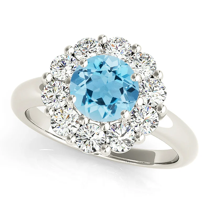 Stackable Silver Ring-1.75 ct. Genuine Aquamarine Ring With Halo And Solid Gold Shank