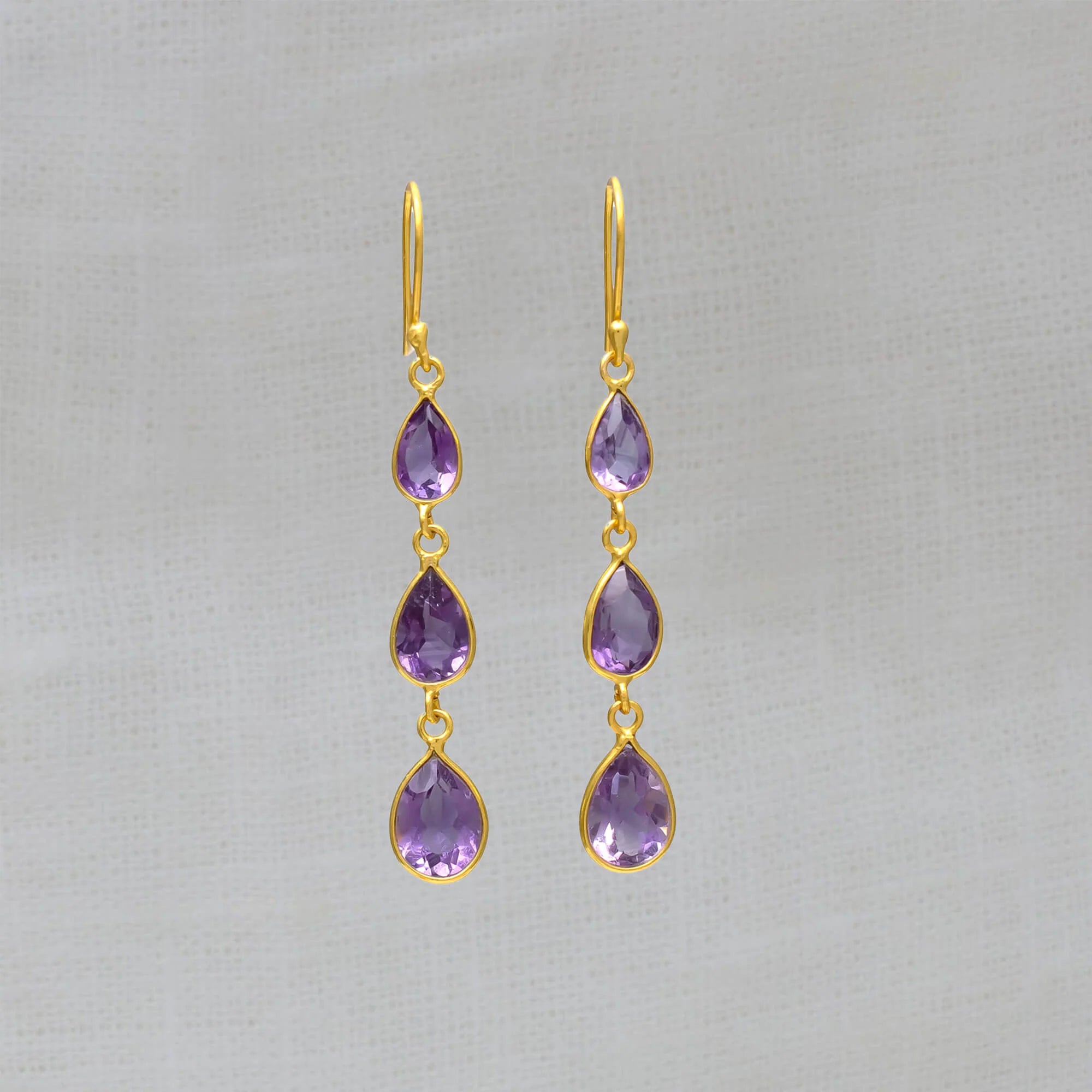 Geometric Hoop Earrings-18ct Gold Vermeil Amethyst Teardrop Triple Drop Earrings