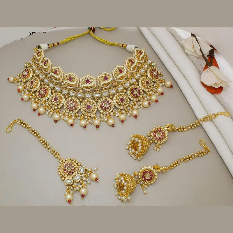 Wedding Bridal Necklace-JCM Gold Plated Kundan Stone And Meenakari Necklace Set