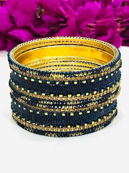 Heavy Diamond Bangles-Splendid Teal Blue Color Metal Bangles Set For Women