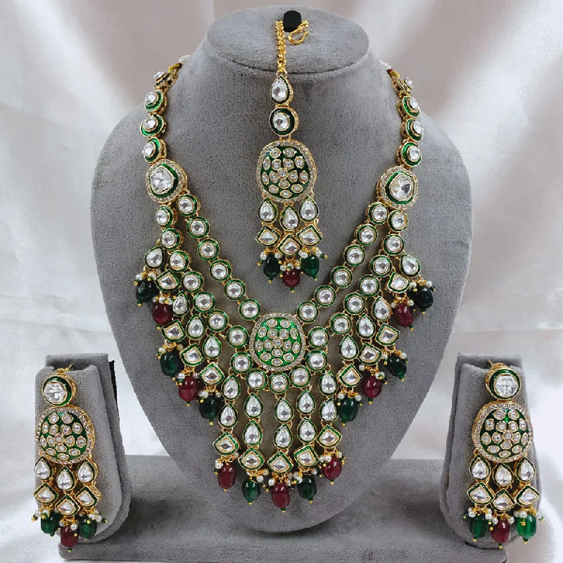 Unique Gemstone Necklace-Akruti Collection Gold Plated Kundan Stone Beads And Pearls Meenakari Necklace Set