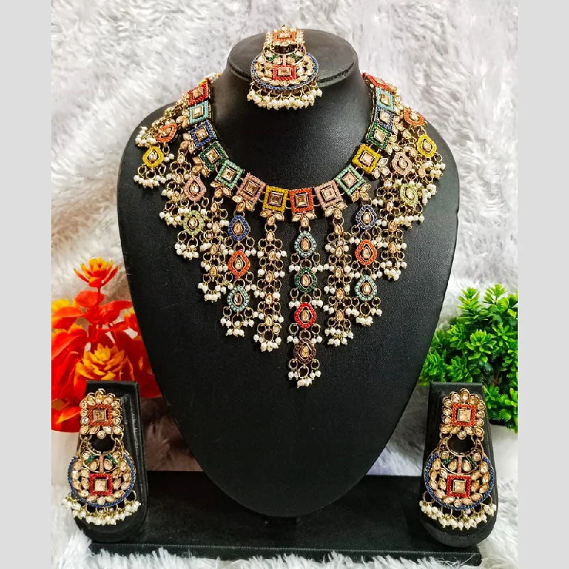 Chunky Bead Necklace-Rudraksh Art Gold Plated Crystal Stone And Pearls Necklace Set