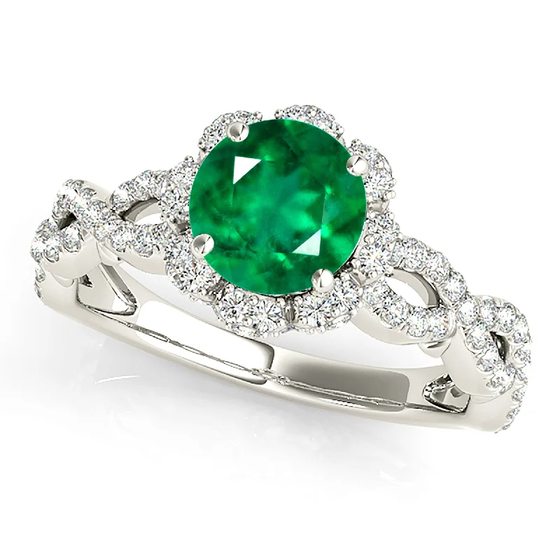 Rose Gold Wedding Band-1.15 ct. Genuine Emerald Ring With Flower Halo, Open Twisted Diamond Band