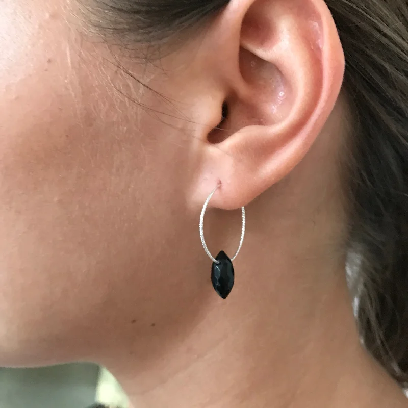 Custom Birthstone Earrings-Mini Silver Hoop Black Drop Earrings