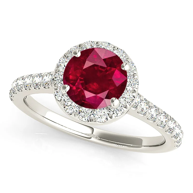 Classic Gemstone Wedding Band-1.35 ct. Genuine Ruby Ring With Halo , Delicate Diamond Band