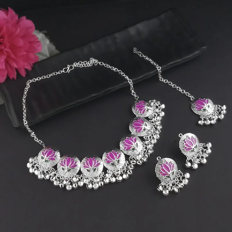 Modern Gold Necklace-Kriaa Oxidised Plated Pink Meenakari Necklace Set With Maang Tikka - 1116015C