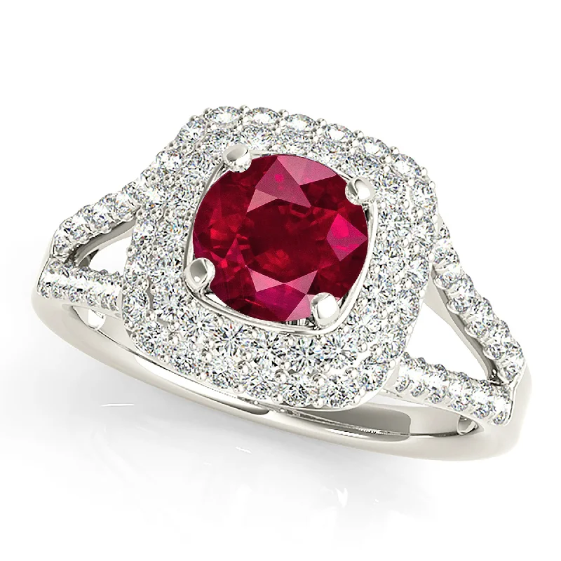 Boho Wedding Ring-1.35 ct. Genuine Ruby Ring with Double Row Halo And Split V Diamond Shank