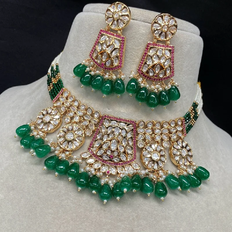 Gold Bar Necklace-Amoliya Jewels Gold Plated Polki Kundan Stone And Beads Choker Necklace Set