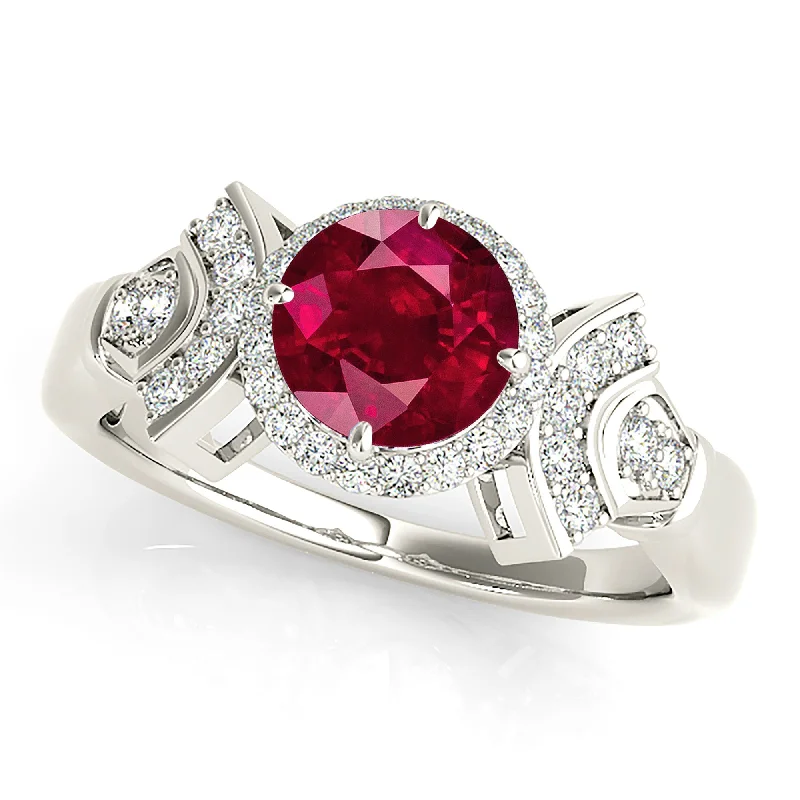 Simple Gemstone Wedding Ring-1.45 ct. Genuine Ruby Ring With  Halo And Fancy Design Diamond Band