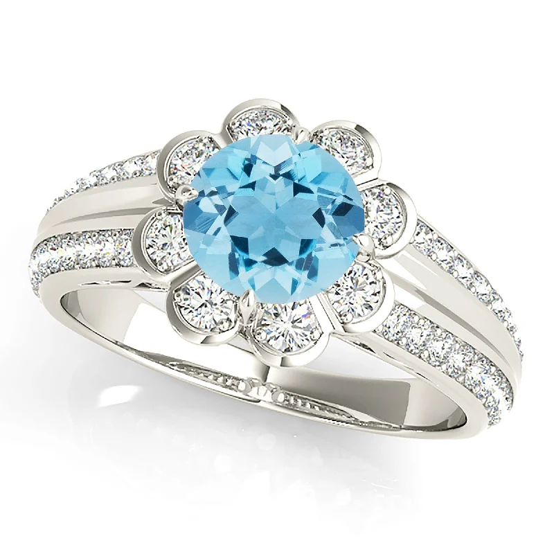 Classic Gemstone Wedding Band-1.10 ct. Genuine Aquamarine Ring With Floral Halo, Graduating Diamond and Solid Gold Band