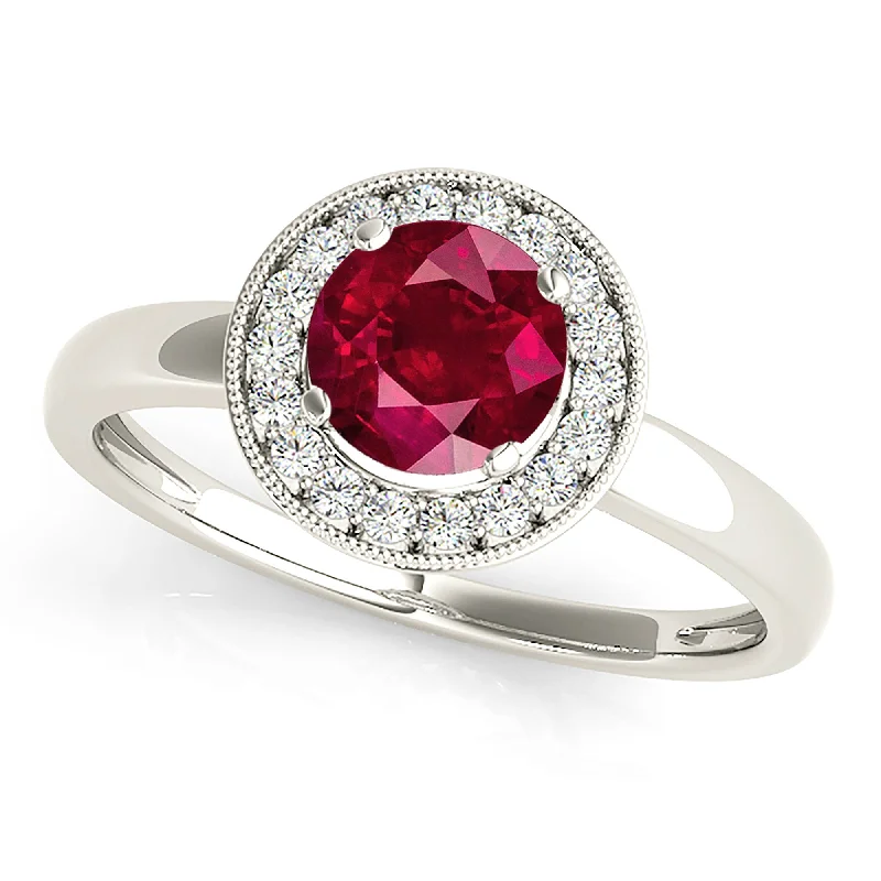 Rose Gold Stacking Rings-1.35 ct. Genuine Ruby Ring With Milgrain Halo And Solid gold Plain Band